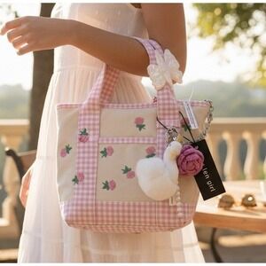 Madden Girl Pink Gingham Rose Embroidered Mini Tote Bag with Charms & Pouch